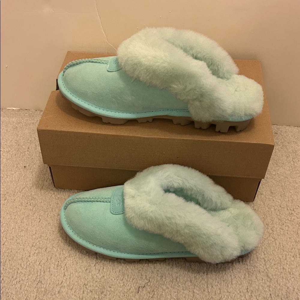 UGG Mint Green Shearling Lined Suede Slippers NWT - image 3